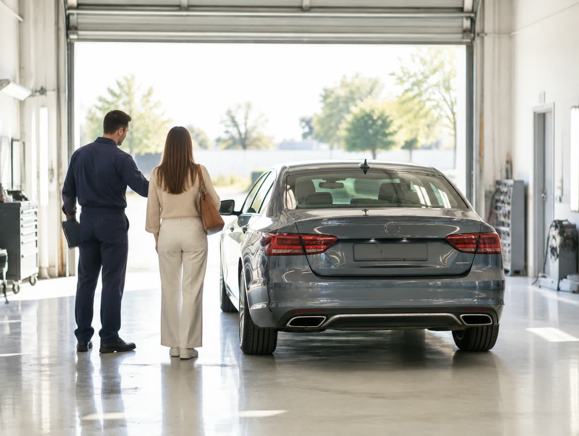 A repaired car being walked back out to its owner through the shop's open bay door