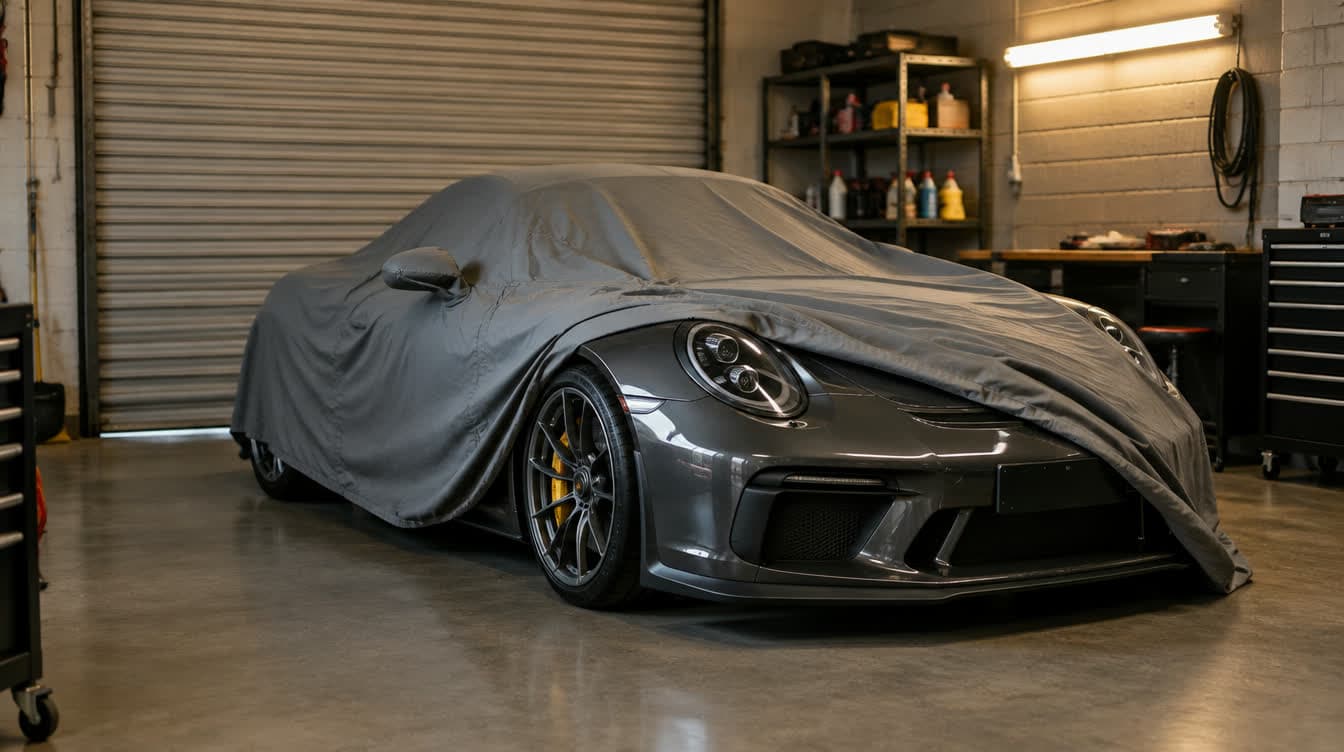 A sports car under a protective cover inside a workshop bay