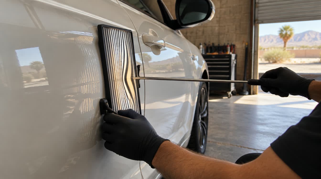 A dent being worked out from behind a door panel with a paintless repair rod